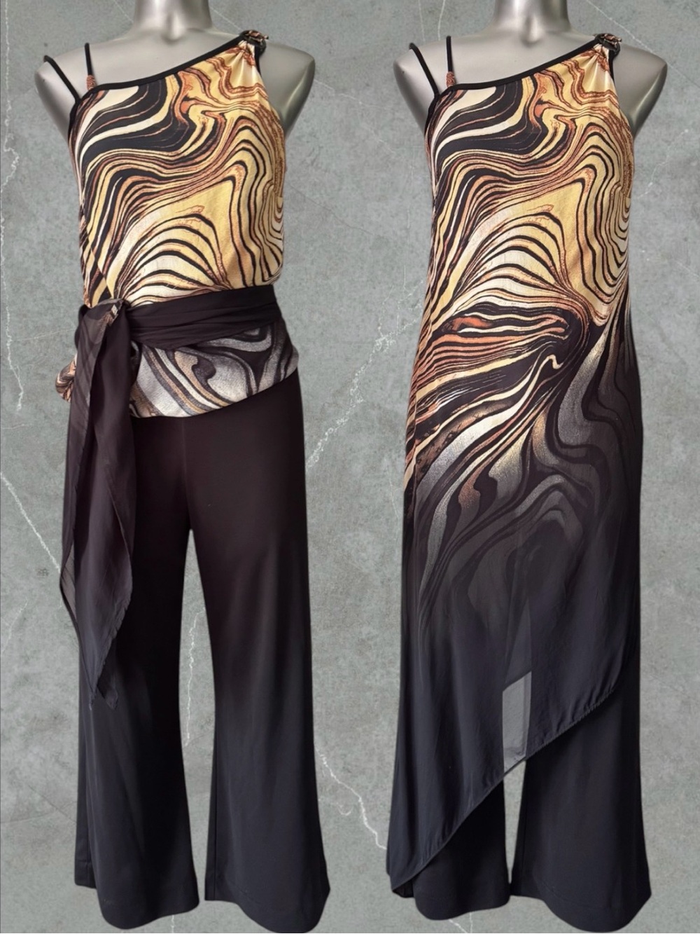 Frank Lyman Design One-Shoulder Swirl Print Jumpsuit in Gold and Black - Picture 7 of 15